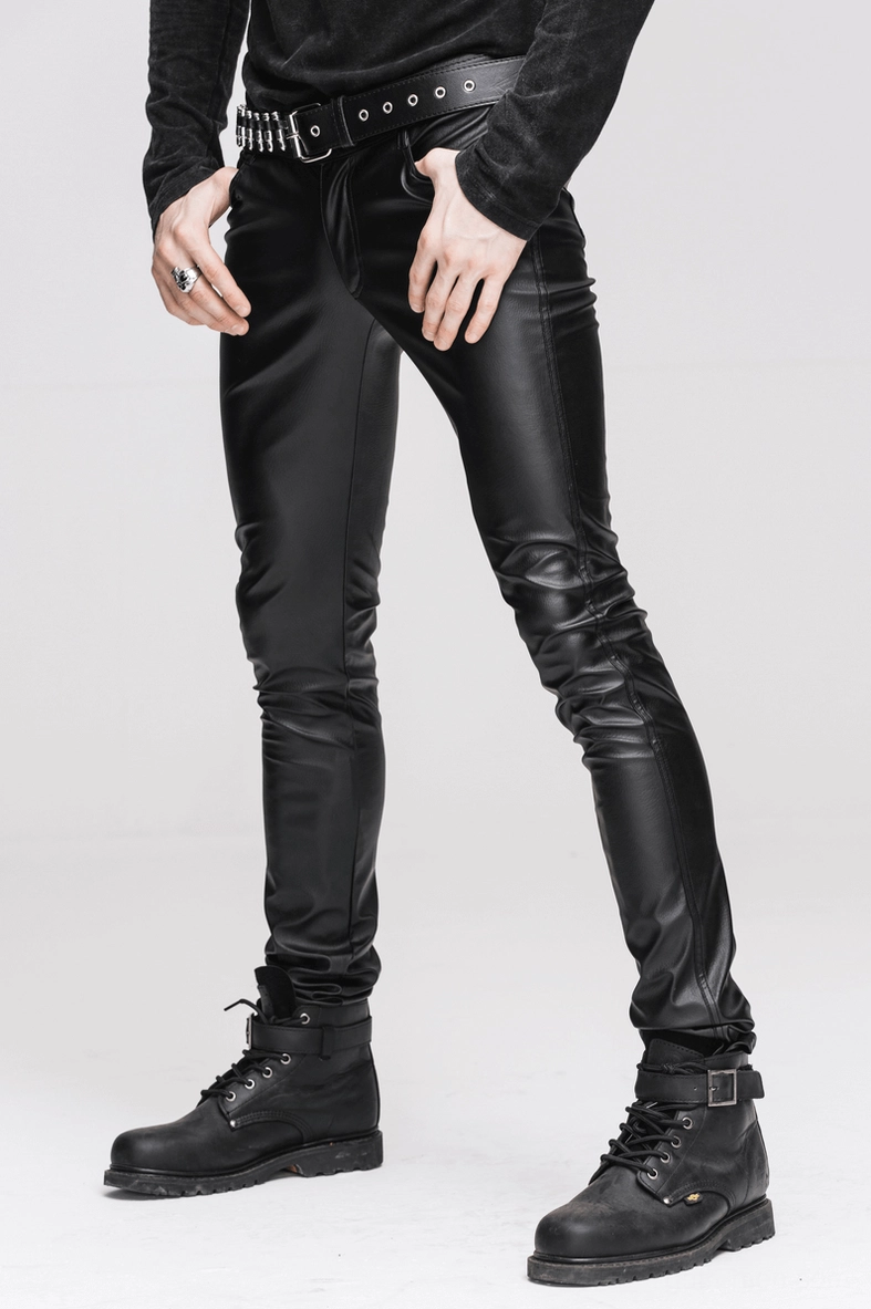 Black gothic PU leather skinny pants in size display showing slim-fitted silhouette and premium faux leather construction quality