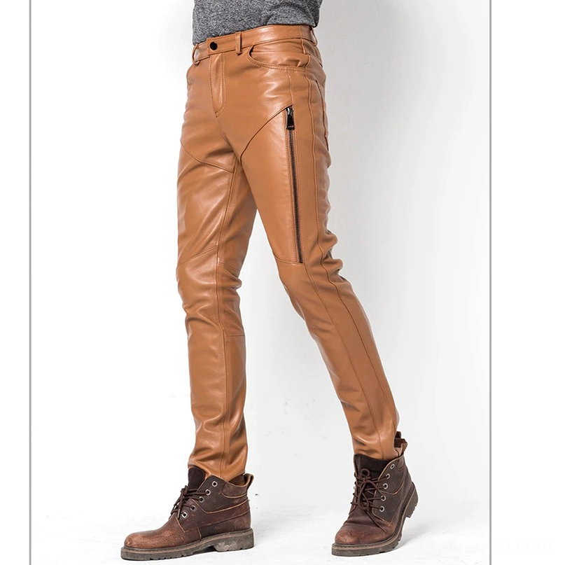 Camel leather skinny pants full side view with work boots