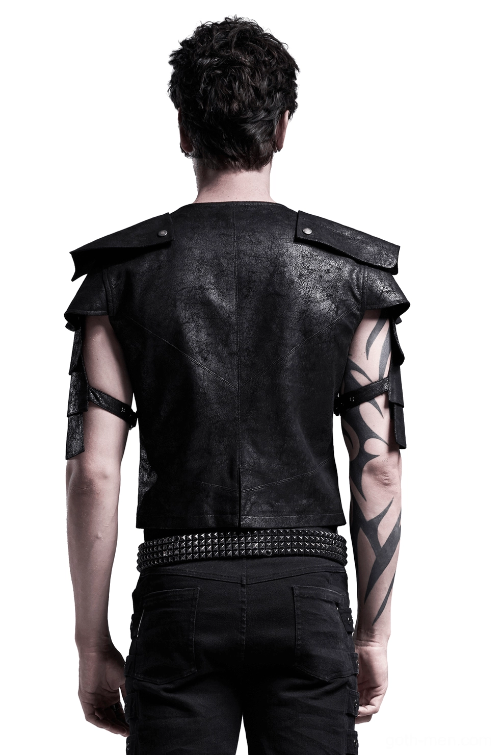 Black distressed leather vest back view showing textured cracked finish and shoulder design