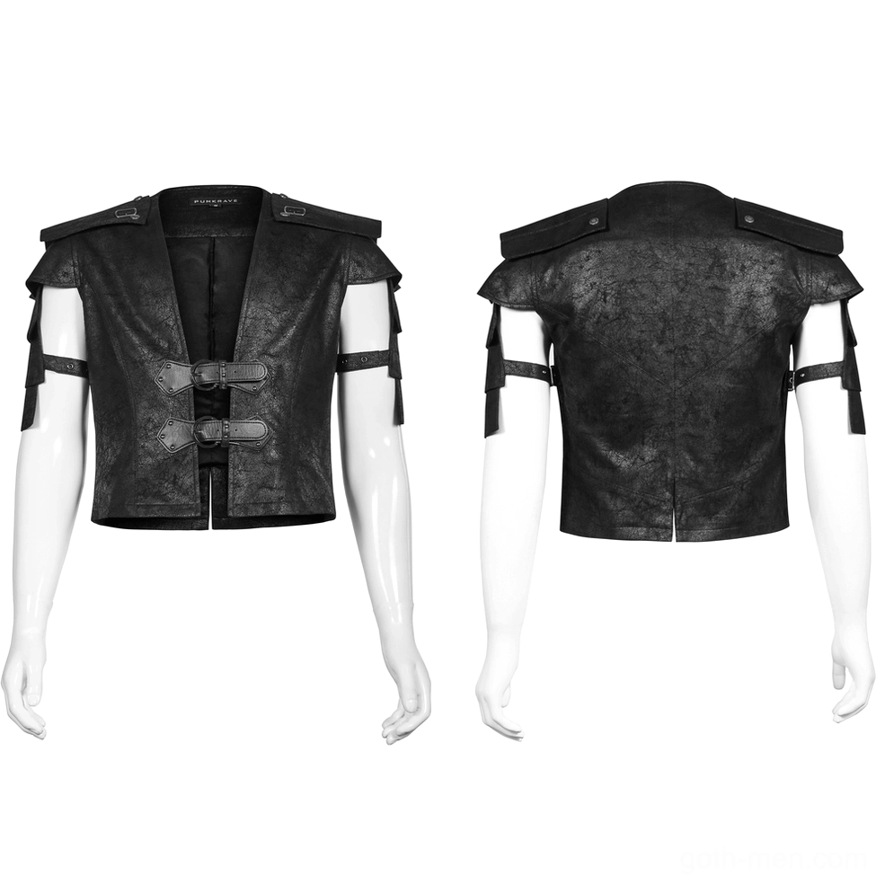 Black leather gothic vest front and back mannequin display showing adjustable arm straps and buckles