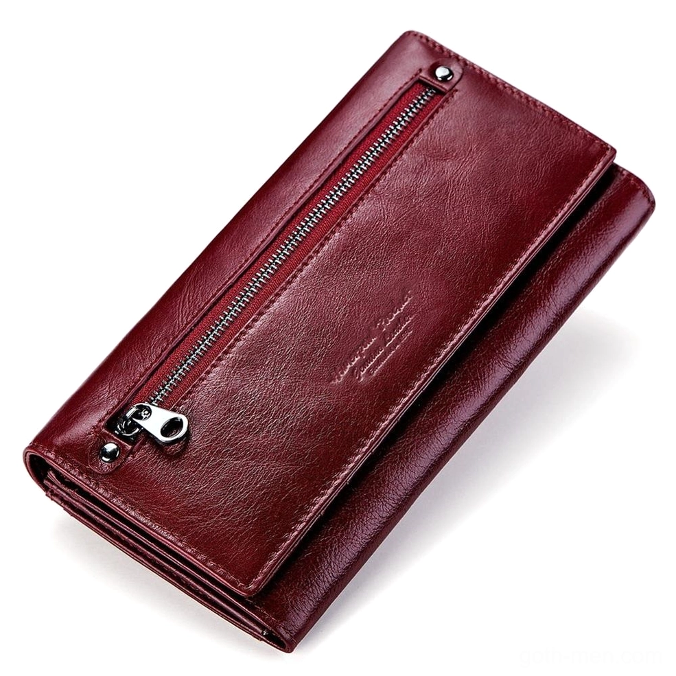 Burgundy genuine leather long wallet with front zippered pocket, 3/4 view gothic clutch for women