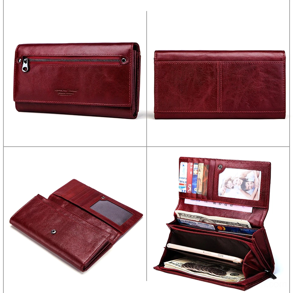 Front view of closed burgundy leather wallet with front zipper pouch and brand embossment