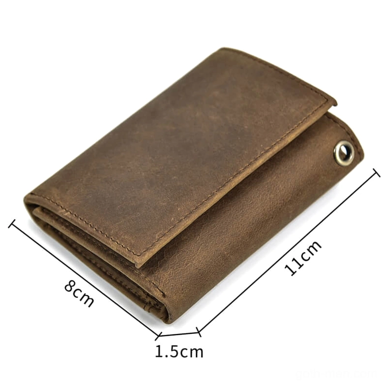 folded gothic leather wallet right angle view with snap button closure and detachable chain, dimensions marked 11x8x1.5cm