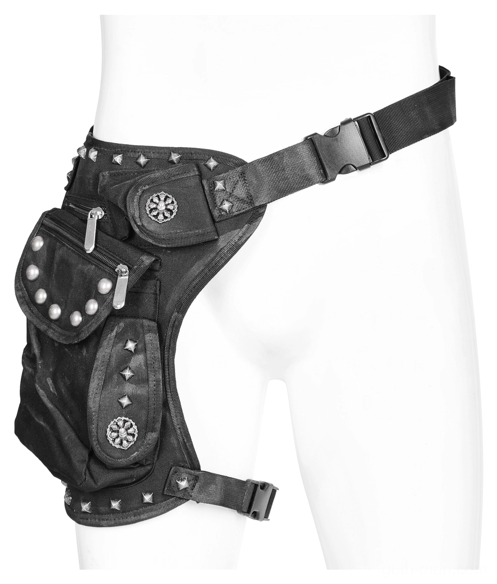 Black gothic tactical leg bag on mannequin front view with cross emblems, zipper pouches, and metal stud embellishments