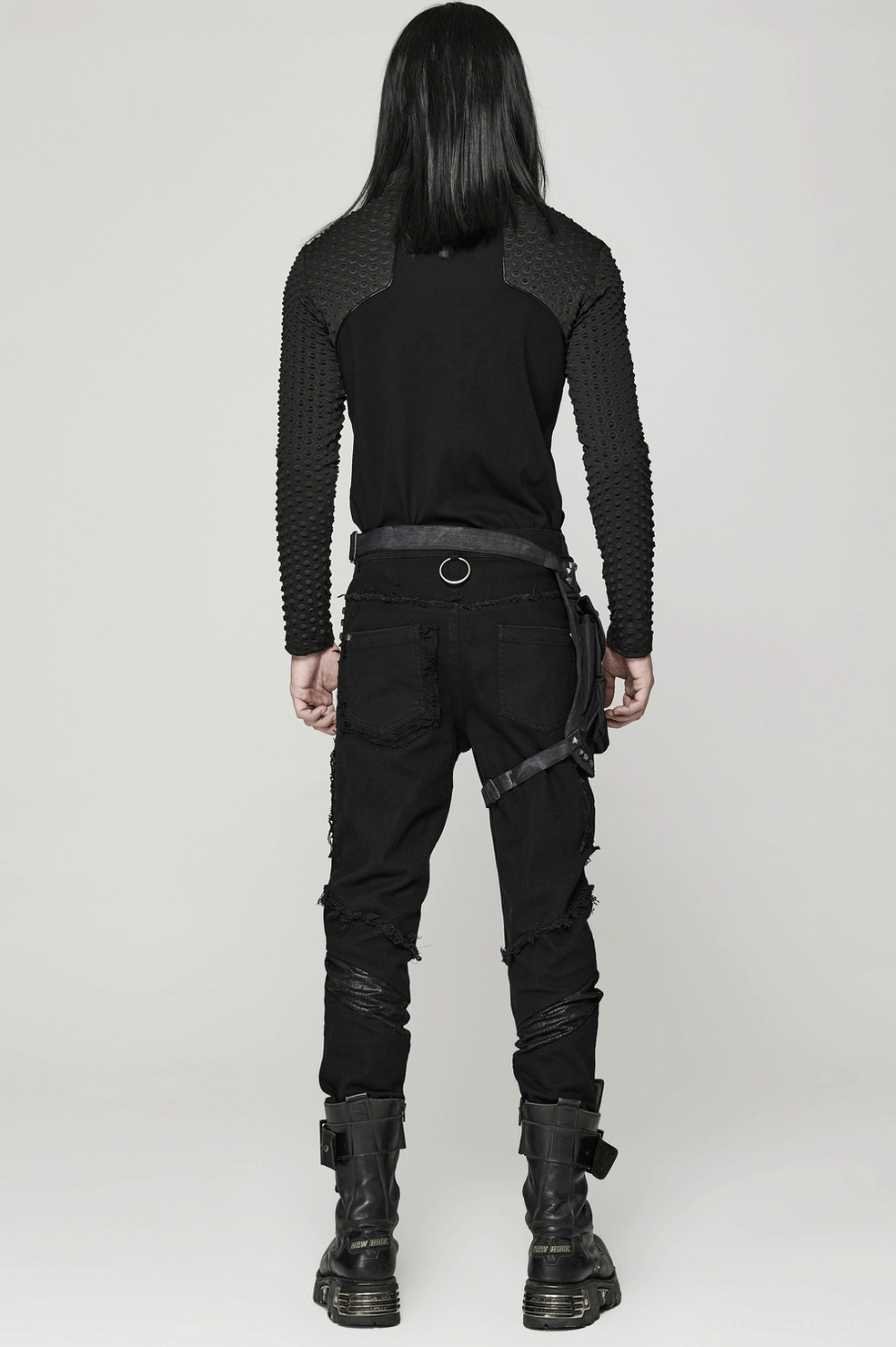 Black gothic leg bag worn styling example showing how to wear with adjustable straps at waist and thigh positions