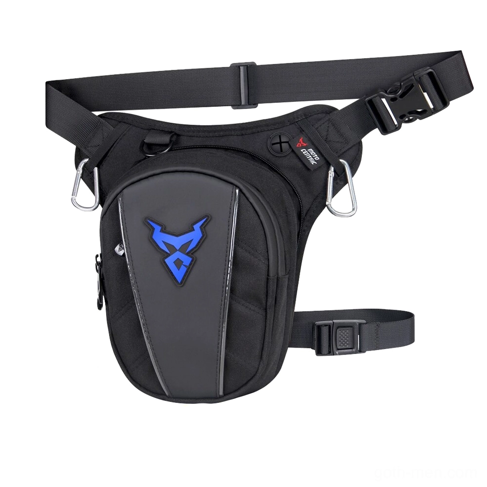Waterproof gothic thigh bag with blue 3D devil logo on black, smooth synthetic fabric construction for urban utility