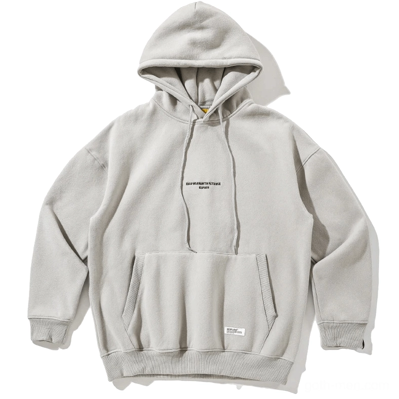 Light gray letter hoodie flat lay front showing ribbed details and print placement