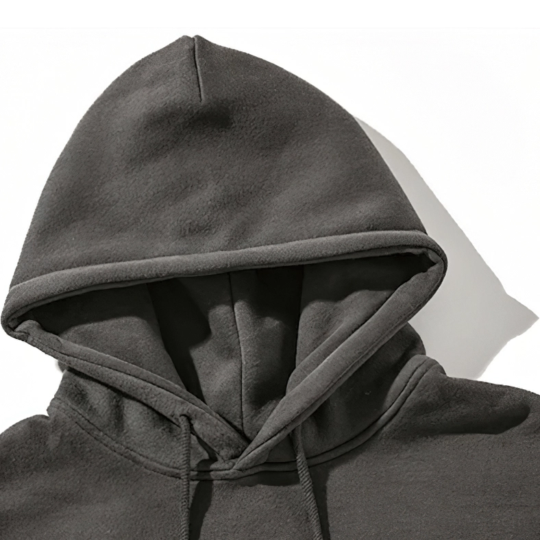 Gothic fleece hoodie side profile view with drawstring hood on male model