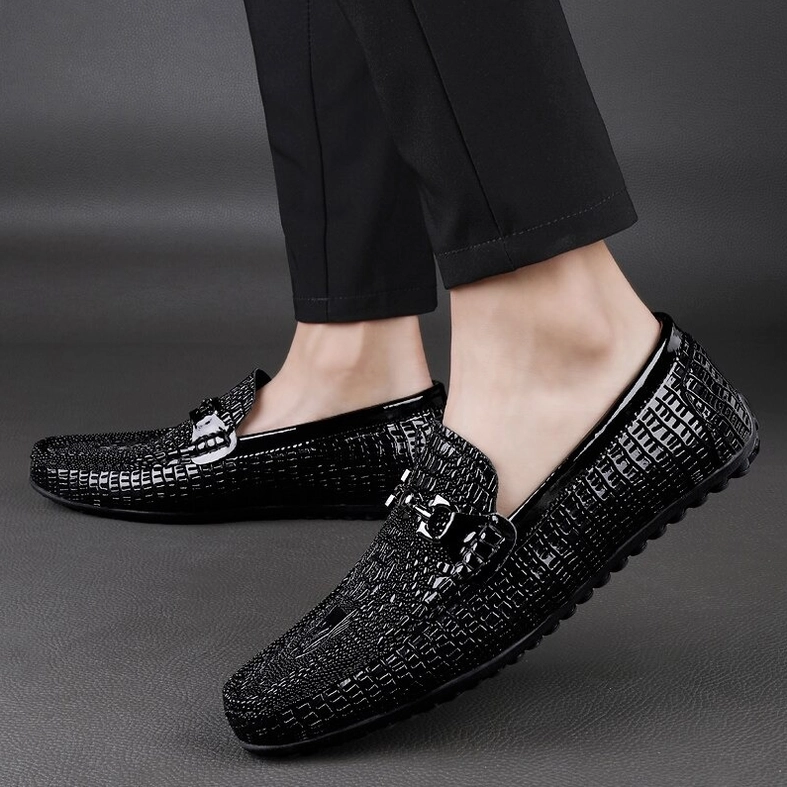Black gothic leather loafers featuring premium cow leather with crocodile embossing, detailed texture and craftsmanship view