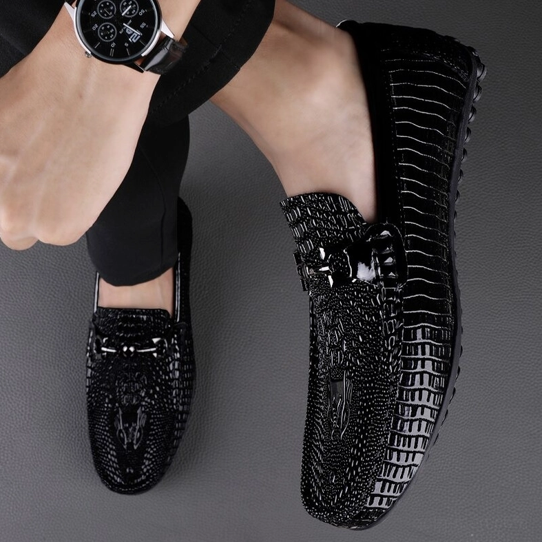 Black crocodile embossed gothic loafers for men with durable rubber sole and PU leather insole, complete product view