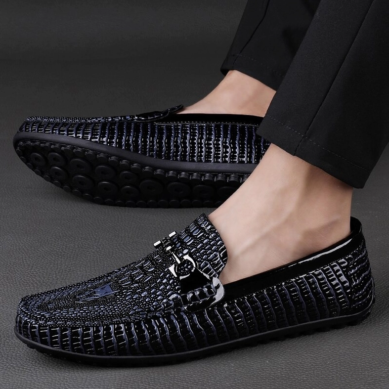 Men's black gothic slip-on loafers with metal horsbit buckle and breathable leather lining, alternative fashion footwear