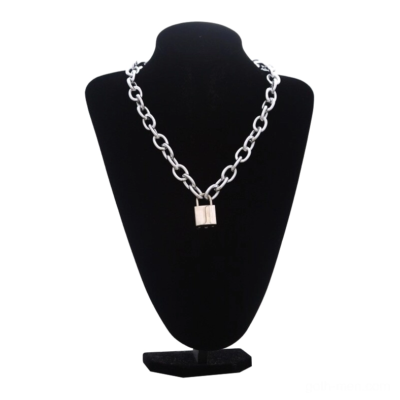 Silver layered gothic lock chain necklace detail shot on black mannequin