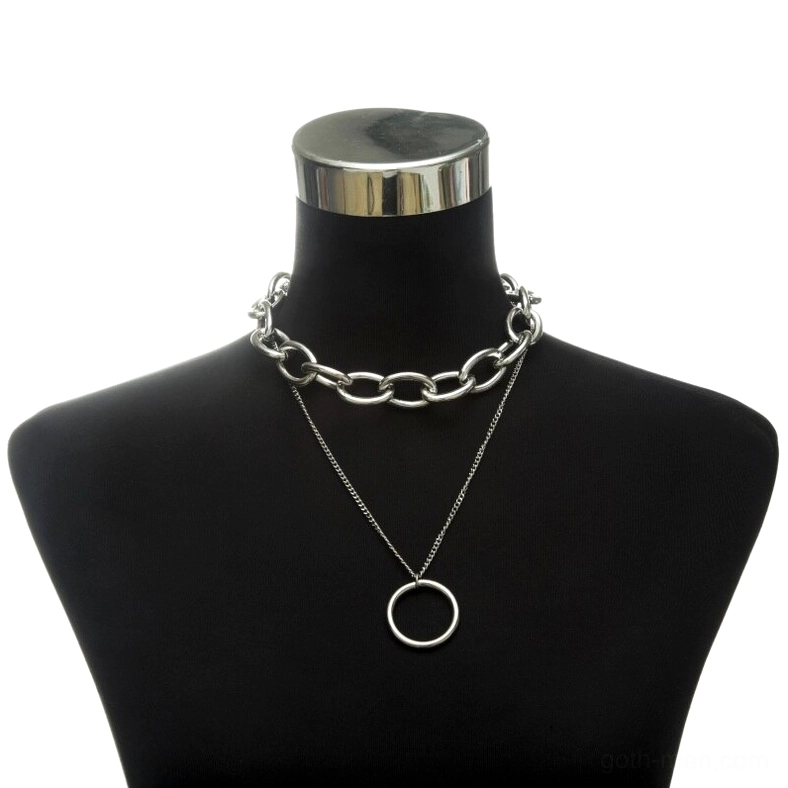 Silver chunky choker gothic ring charm necklace with thin chain layer on mannequin