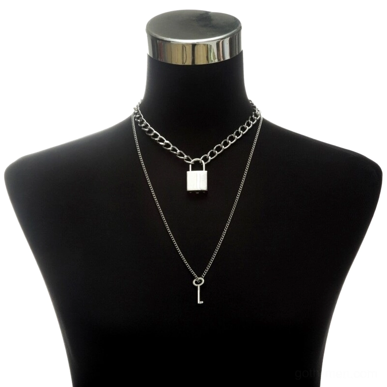 Dual-layer silver gothic lock and key necklace worn on black mannequin torso