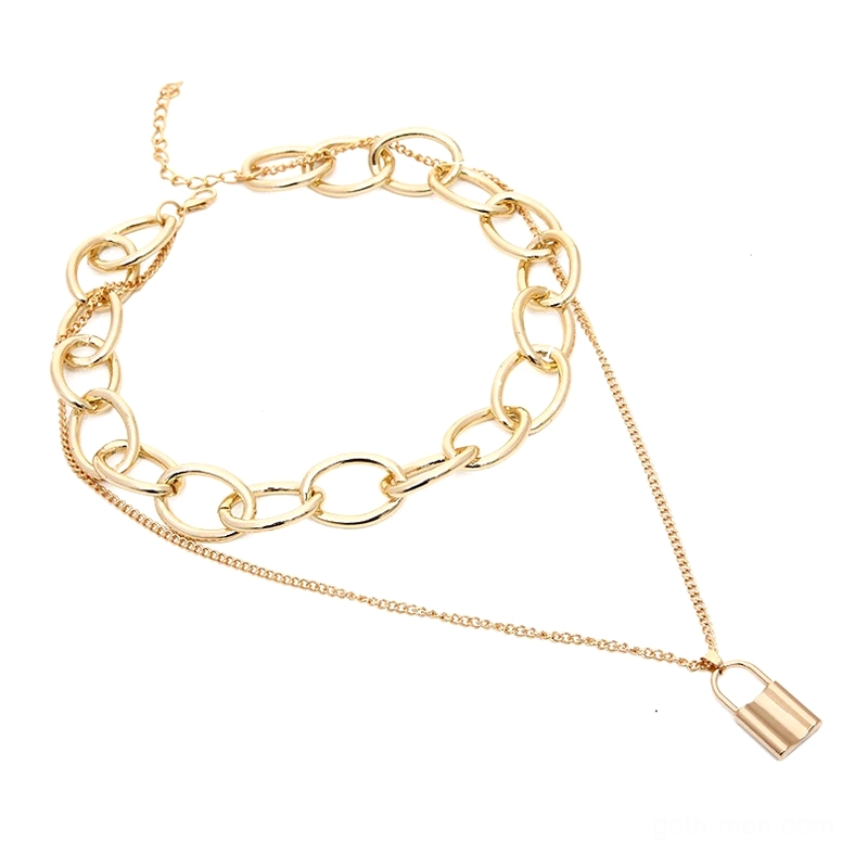 Gothic lock chain necklace lifestyle styling detail showing clasp and chain links
