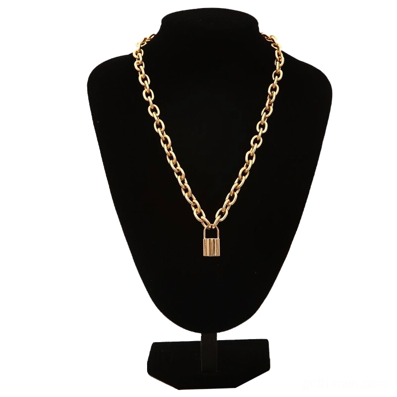 Oval link chain gothic lock necklace in gold finish on black mannequin display