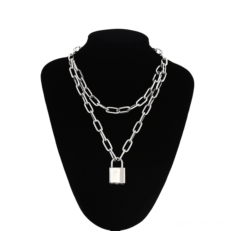 Oversized oval link silver gothic lock necklace on black jewelry mannequin