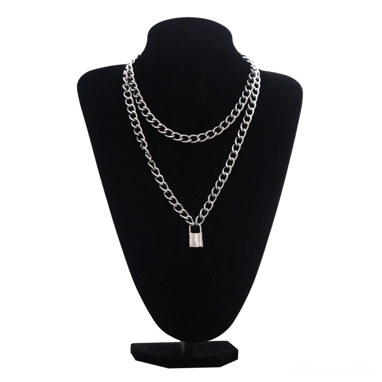 Matching silver curb chains gothic lock pendant necklace on black mannequin