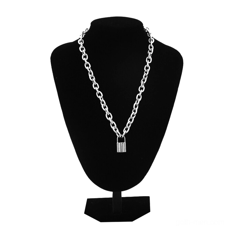 Single layer silver curb chain gothic lock pendant necklace displayed on black stand