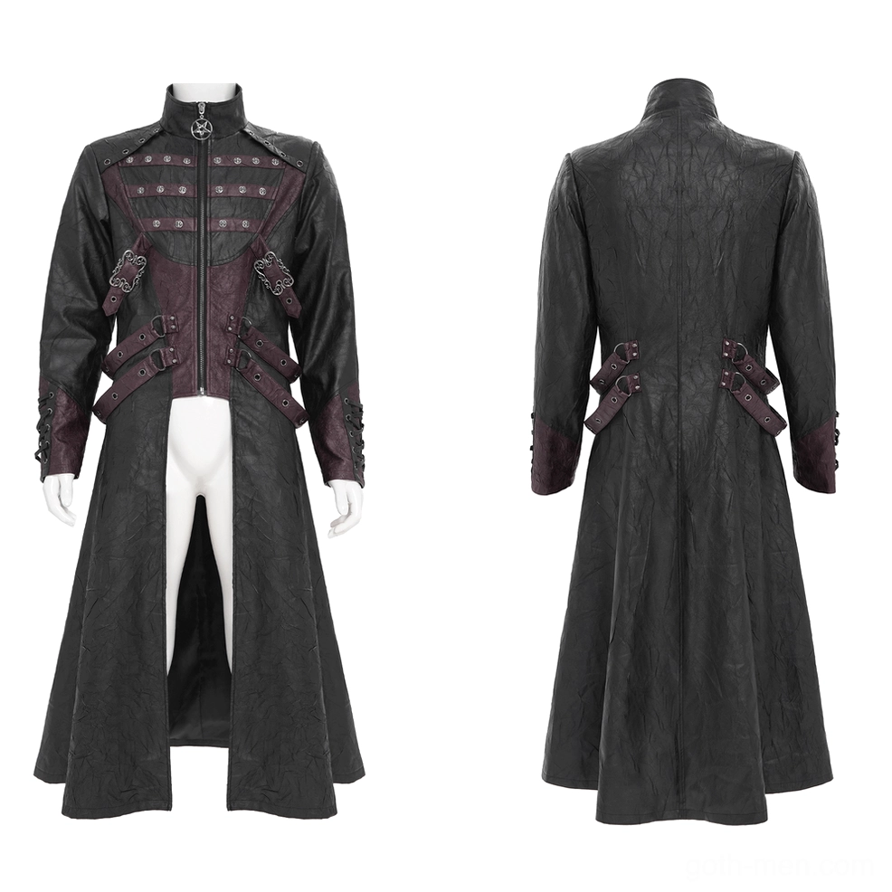 Front display of gothic long coat with wine red layered buckle panels and structured silhouette on mannequin