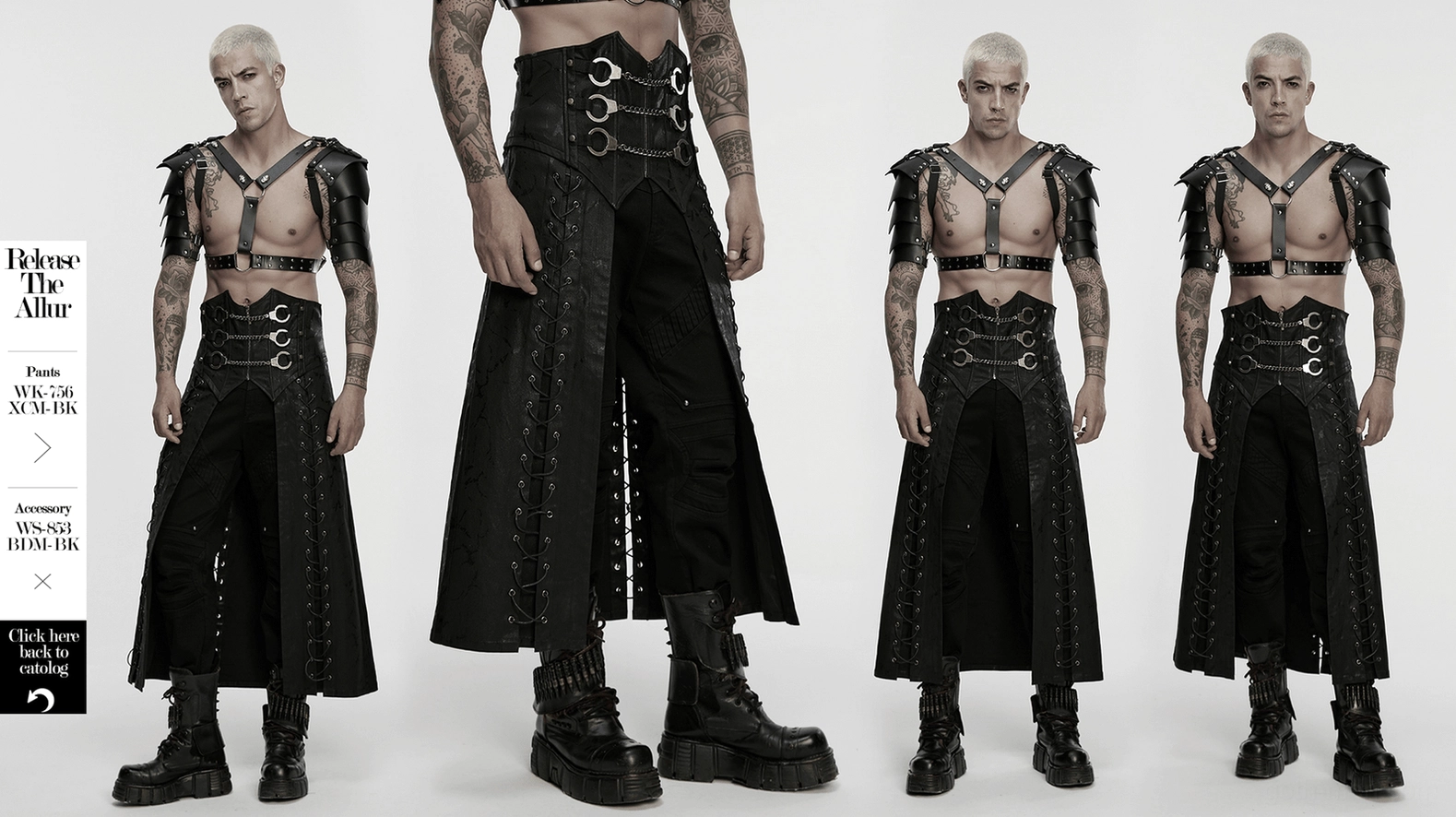 Detailed product photography of black gothic long kilt with removable chain elements