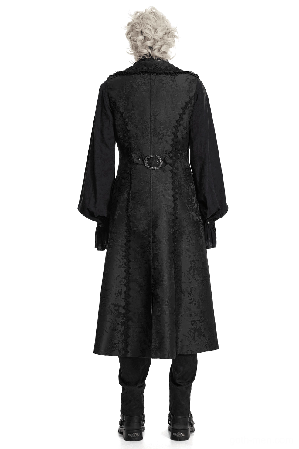 Gothic waistcoat back view featuring decorative waist buckle and extended maxi length silhouette