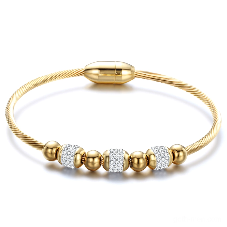 Gold gothic magnetic stainless steel charm bracelet with twisted rope chain and crystal beads