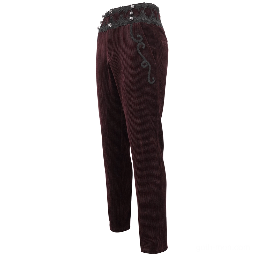 Side rear angle of fitted wine red corduroy gothic trousers with scroll embroidery and black lace waist trim