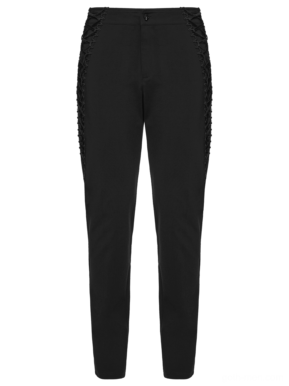 Front flat lay of gothic black slim-fitting pants with precision tailoring and clean black fabric