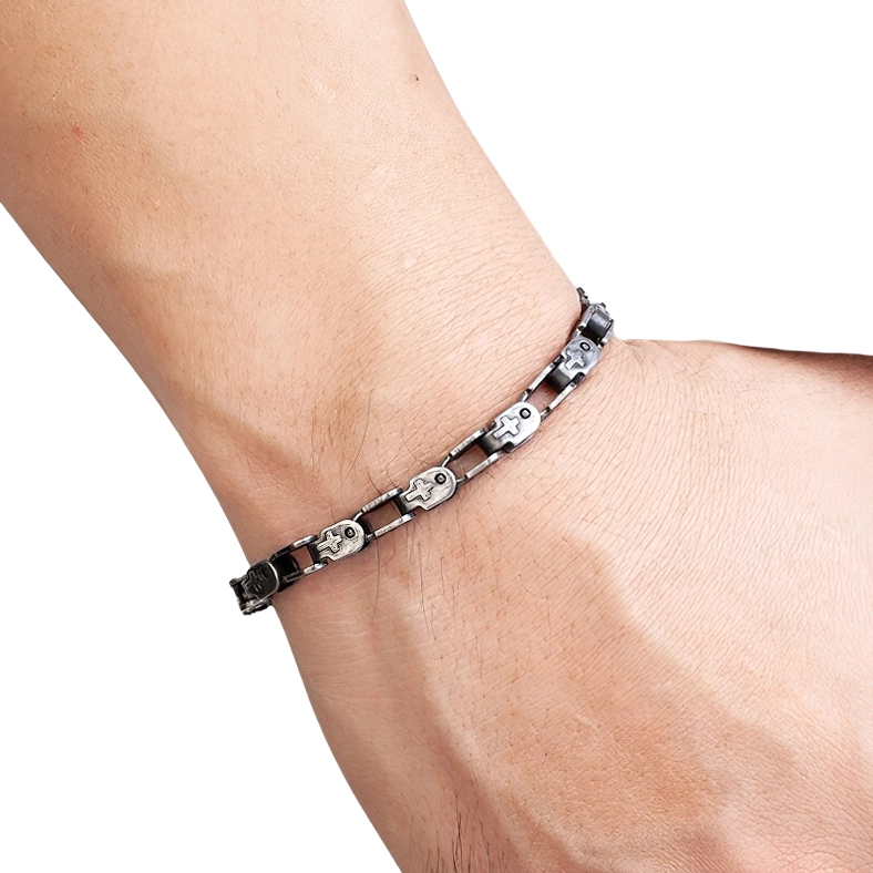 flat link gothic bracelet for men dark silver worn side view