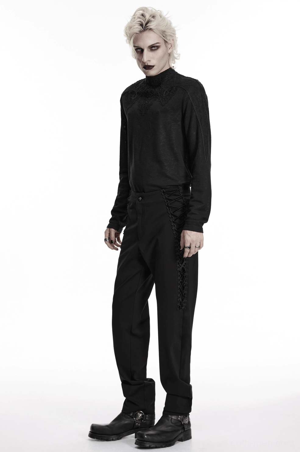 Gothic men's black slim pants flat lay showing complete product with focus on waistline and overall construction