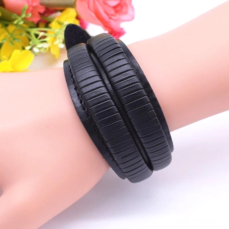 Gothic men's double-wide leather cuff bracelet full collection view, embossed botanical leaf motif, alternative accessory