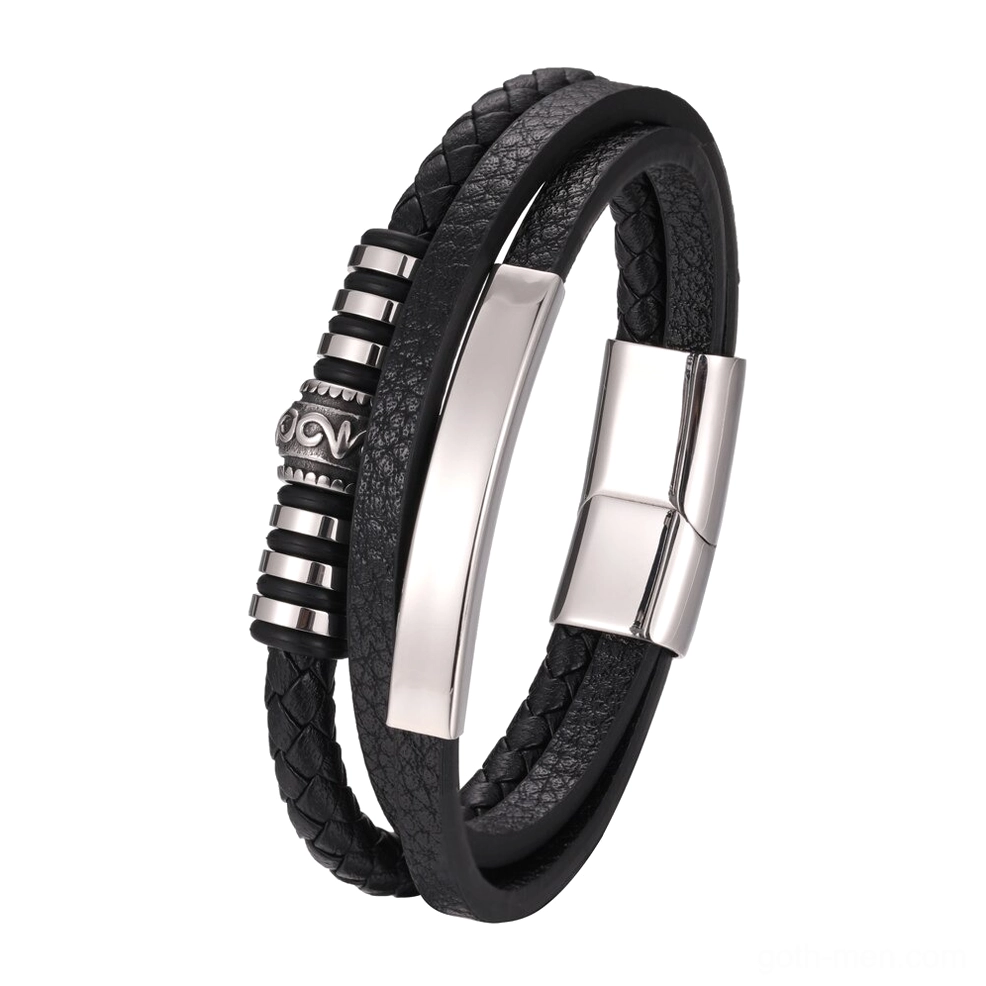 Black leather stainless steel bracelet for men with vintage engraved details - three quarter side view