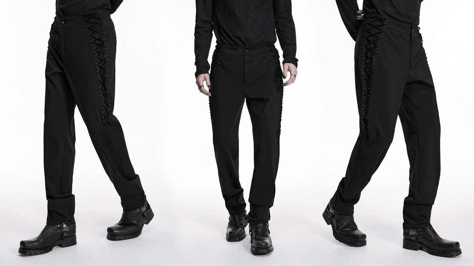 Detailed product view of gothic men's black slim pants showing precision tailoring and premium fabric finish