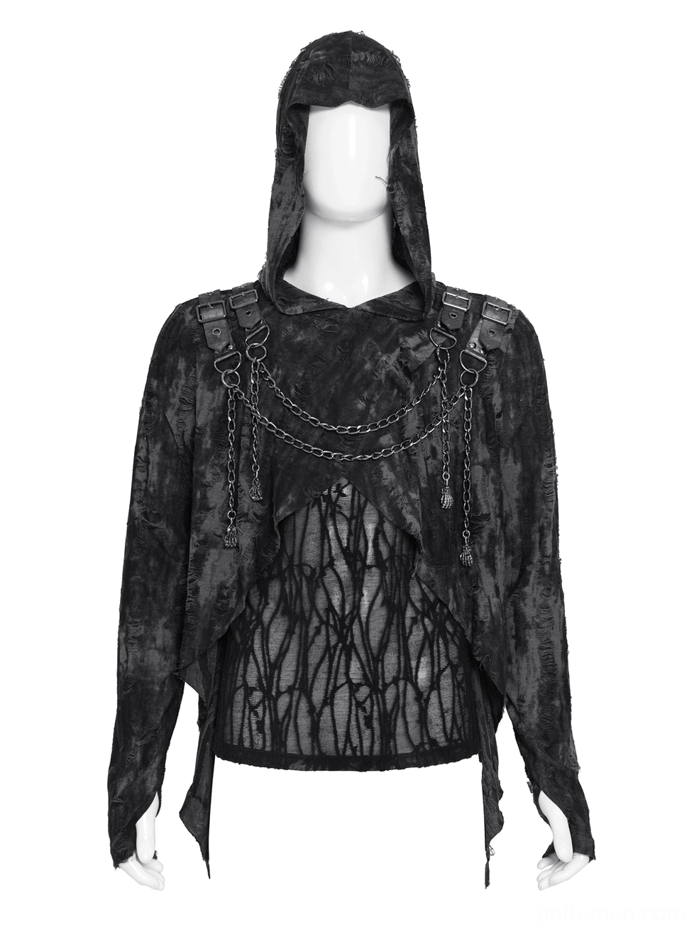 Black distressed gothic hooded mesh top with layered chain hardware - full front mannequin view