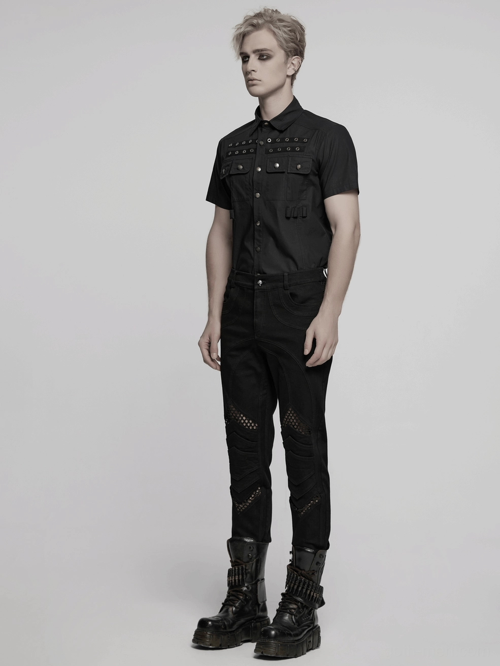 Black gothic mesh knee pants alternative product angle displaying 3D knee construction and streamlined fit