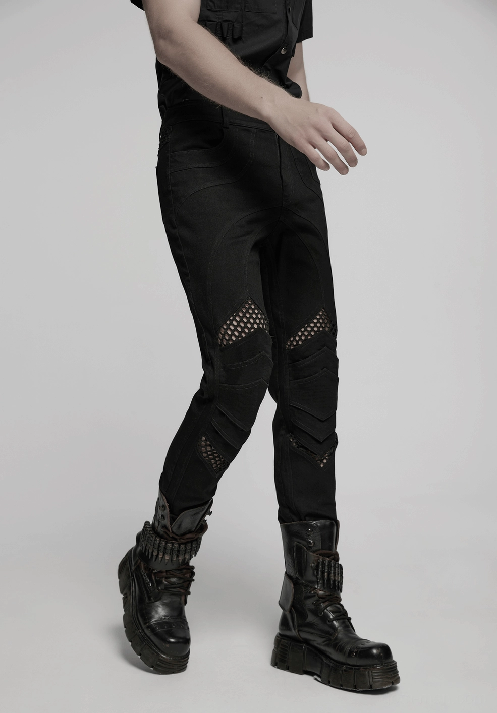 Black gothic mesh knee pants alternative angle view highlighting architectural knee design and structural elements