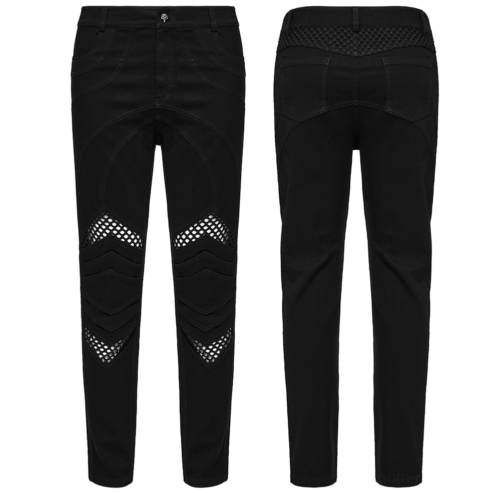 Black gothic mesh knee pants flat lay front and rear product display showing fishnet cutouts and structural knee design