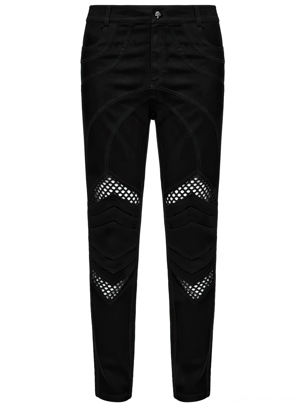 Black gothic mesh knee pants front flat lay close-up showing geometric knee stitching pattern and mesh inserts detail