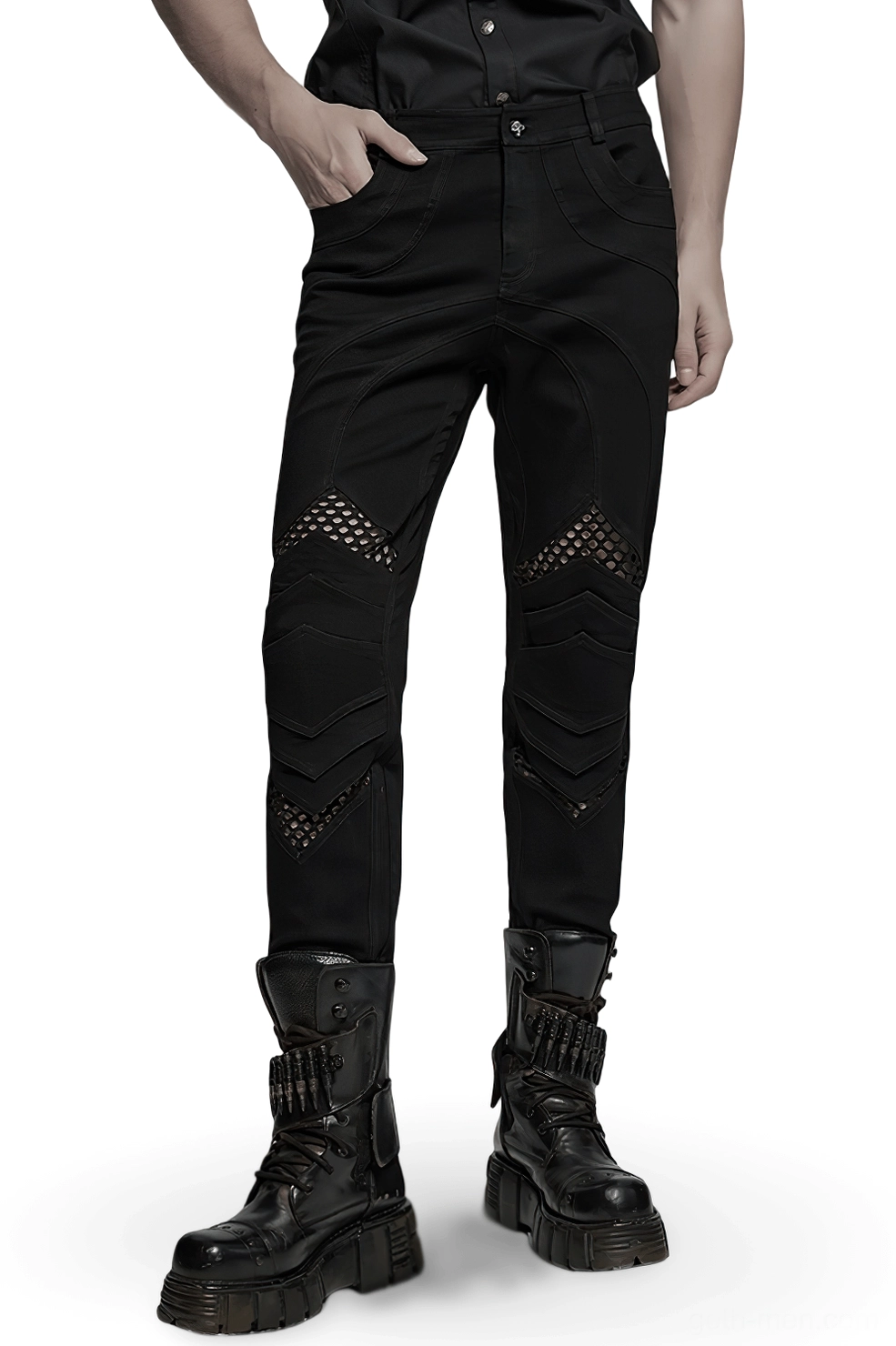 Black gothic mesh knee pants with 3D architectural knee pieces worn by male model, front three-quarter view showing fitted silhouette and fishnet cutout details