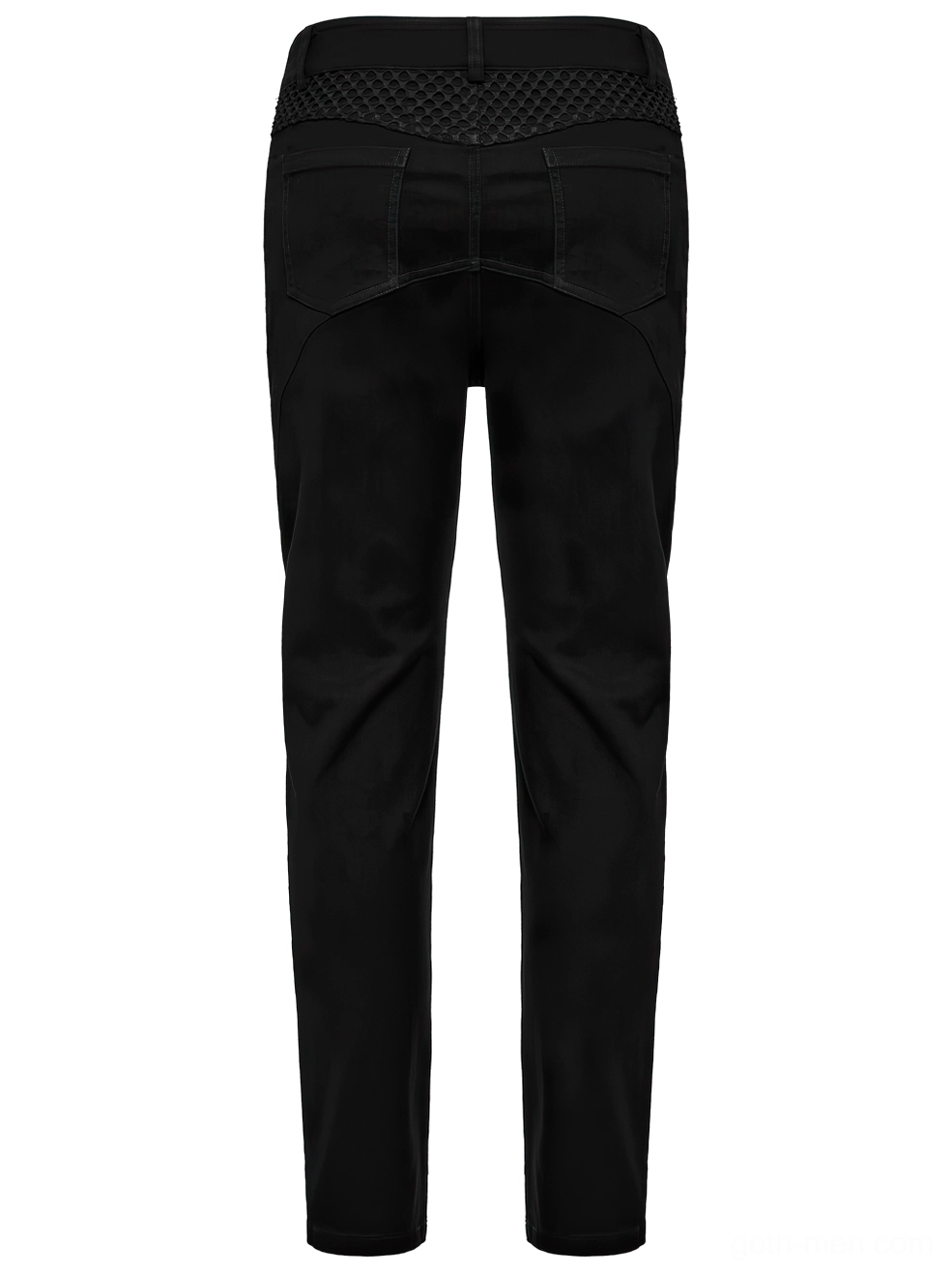 Black gothic mesh knee pants rear flat lay displaying back waist fishnet panel and rear structural details