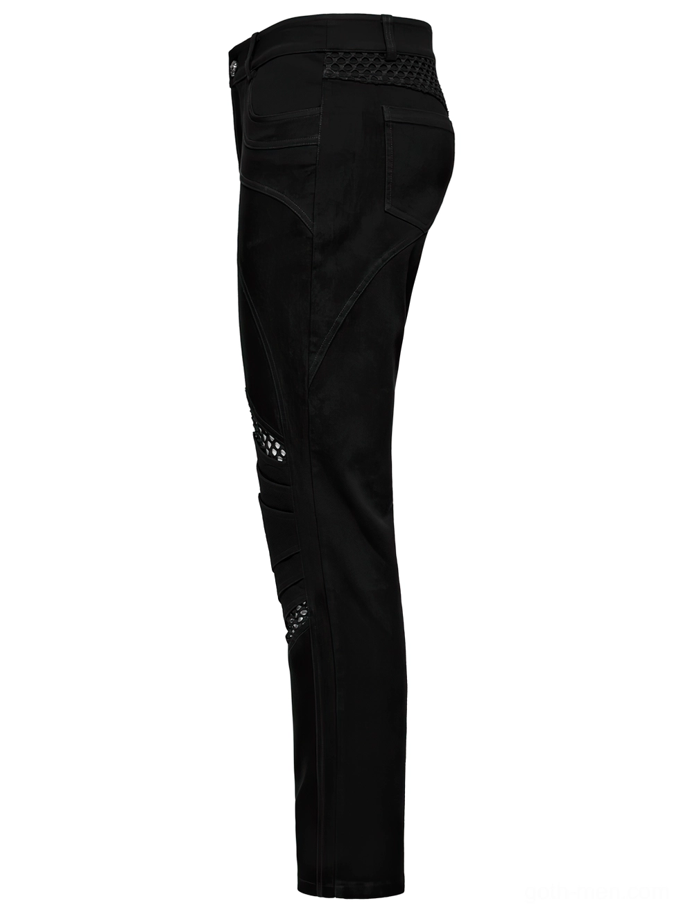 Black gothic mesh knee pants side flat lay showing subtle side knee mesh architecture and fitted leg profile
