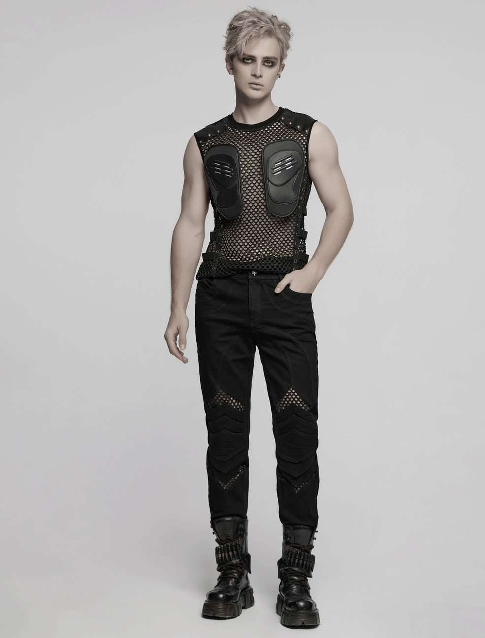 Black gothic mesh knee pants detailed texture close-up emphasizing fabric quality and mesh panel craftsmanship