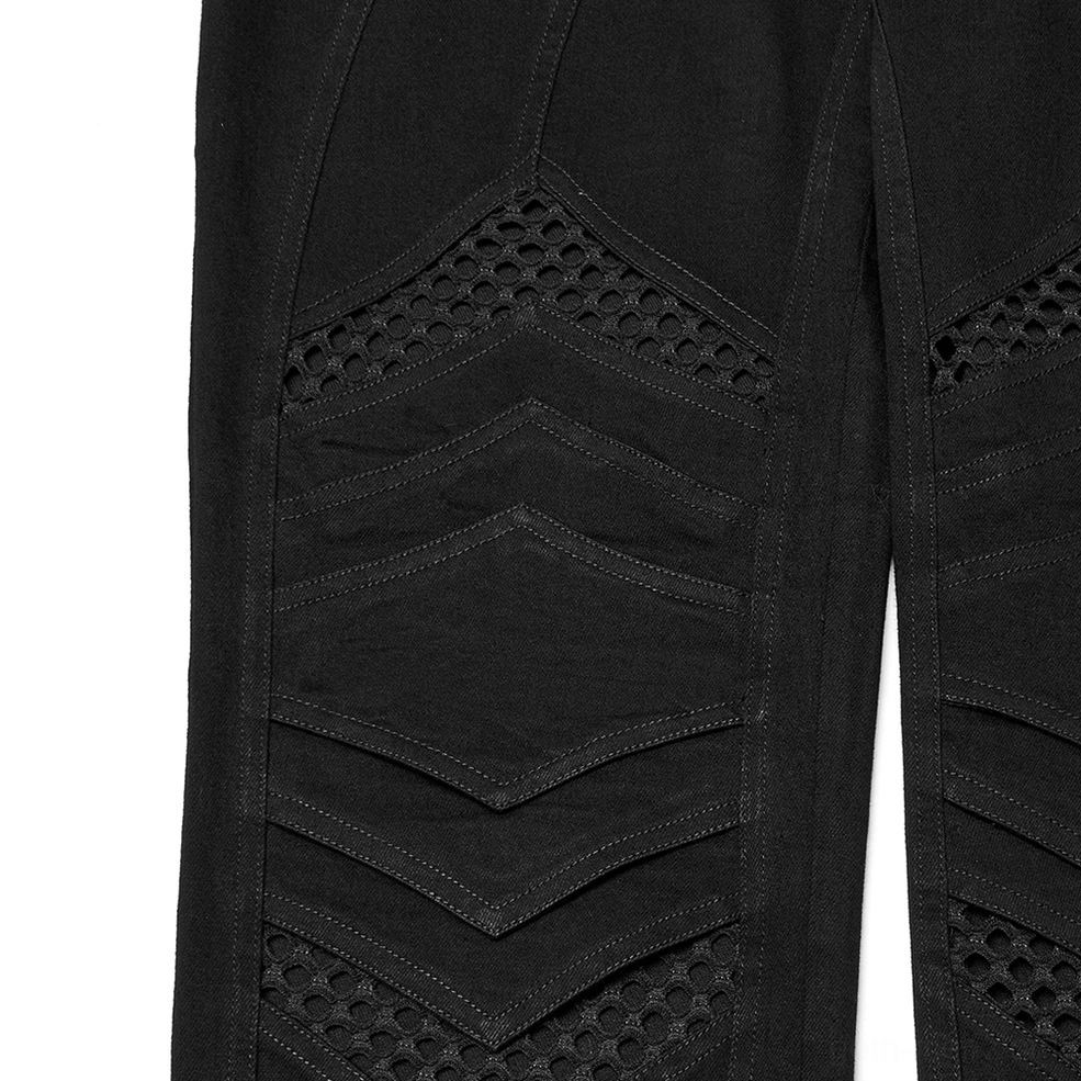 Black gothic mesh knee pants structural detail close-up showing geometric layered stitching and fishnet cutout engineering
