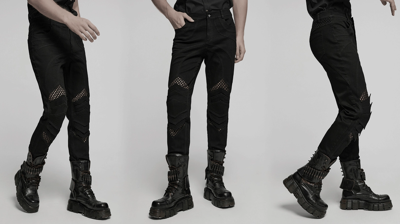 Black gothic mesh knee pants full product presentation showing contemporary alternative fashion aesthetic and architectural design