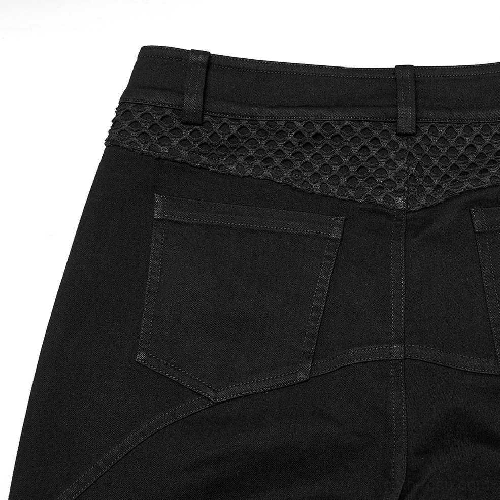 Black gothic pants rear waistband close-up featuring fishnet mesh panel and back pocket stitching craftsmanship