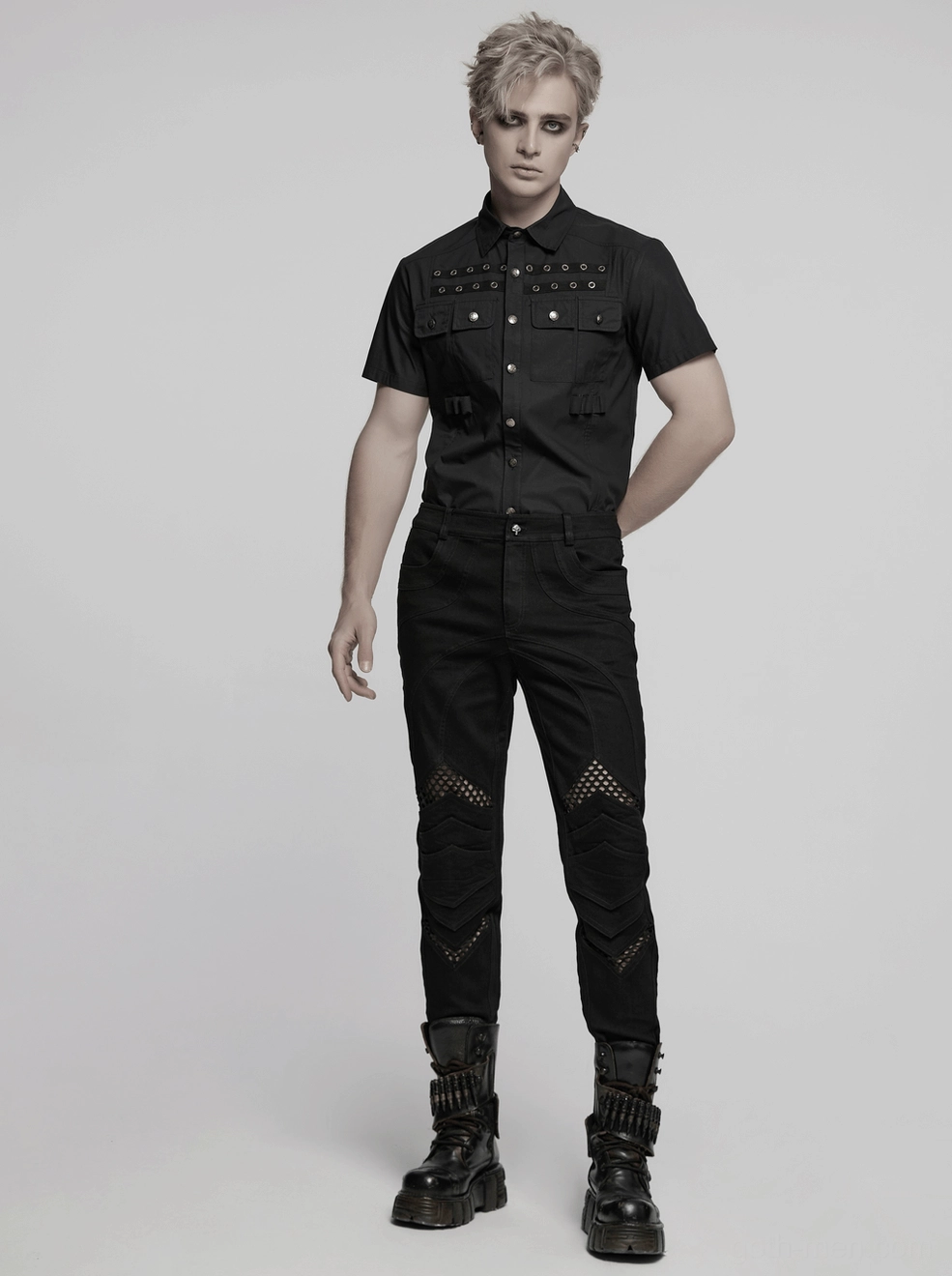 Black gothic mesh knee pants product angle showing overall silhouette, fitted fit, and avant-garde mesh elements