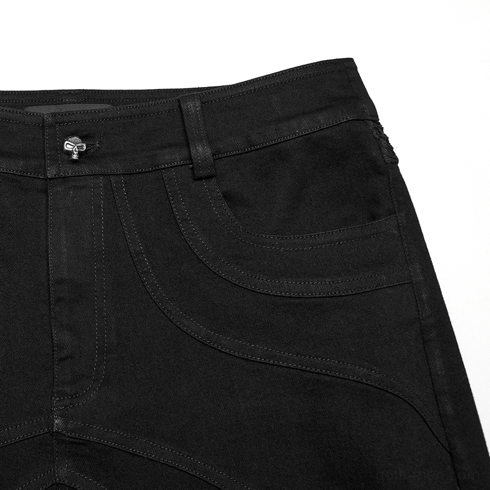 Black gothic pants front waistband close-up showing metal button fastening, belt loops, and front pocket construction