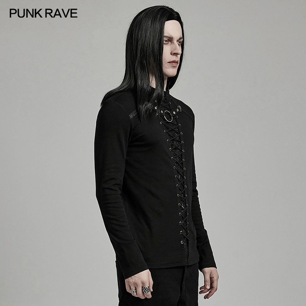 Black gothic long sleeve top with lace-up front detail texture and fabric composition view