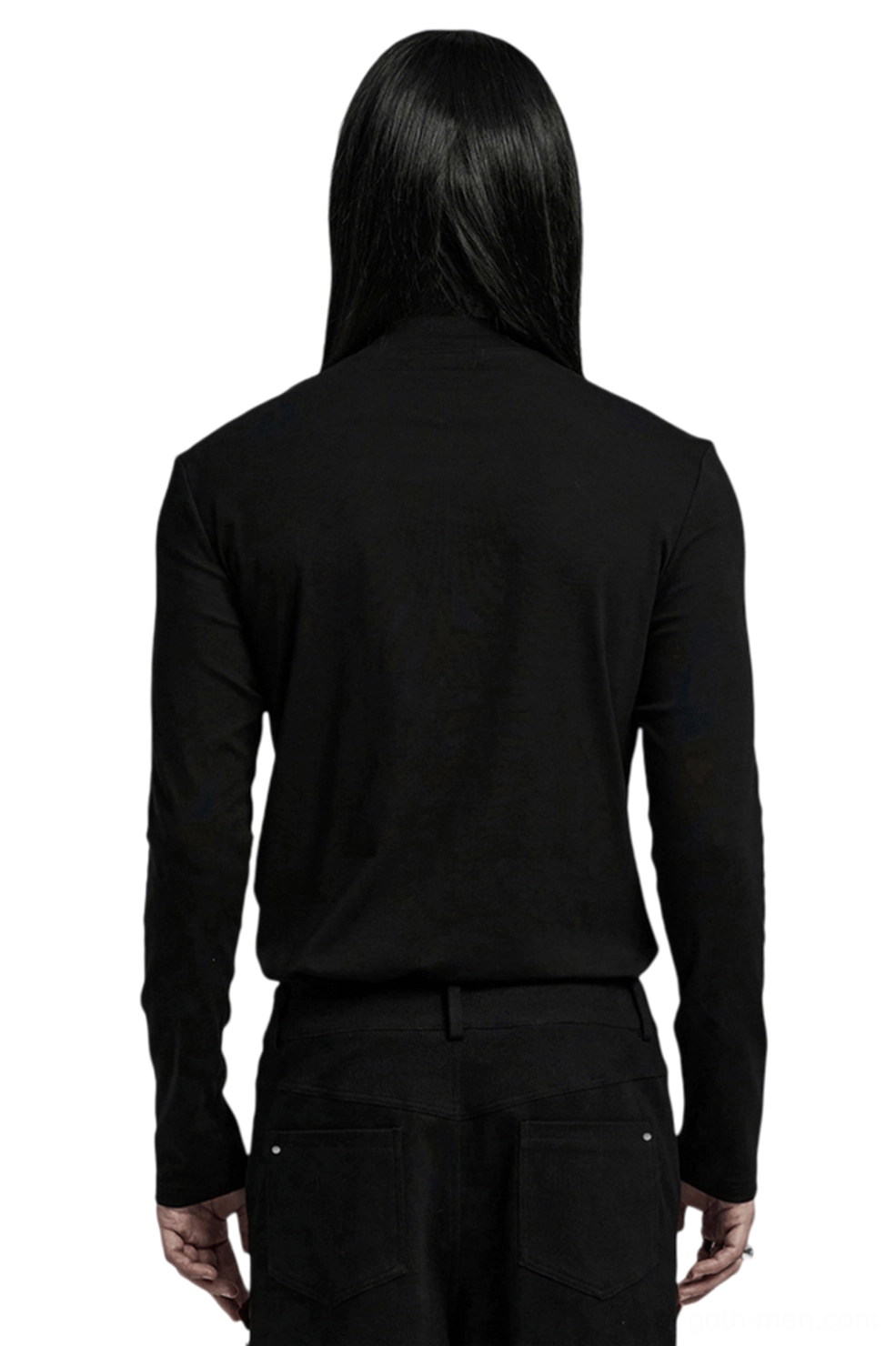 Back view of black gothic long sleeve top with stand collar showing plain back design